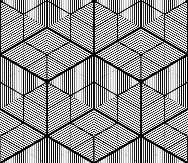 Jednolity optyczny wzór ozdobny z trójwymiarowymi figurami geometrycznymi. Przeplatająca się czarno-biała kompozycja.