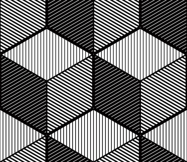 Jednolity optyczny wzór ozdobny z trójwymiarowymi figurami geometrycznymi. Przeplatająca się czarno-biała kompozycja.