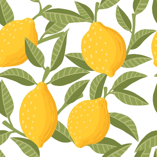 Jednolity Wzór Całej Cytryny Cytrusowych żółtych Owoców Z Zielonymi Liśćmi Płaskiej Ilustracji Wektorowych Na Białym Tle