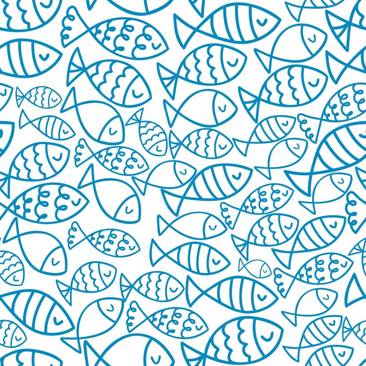 Jednolity wzór doodle rysowane ręcznie ryby. ilustracja wektorowa na białym tle