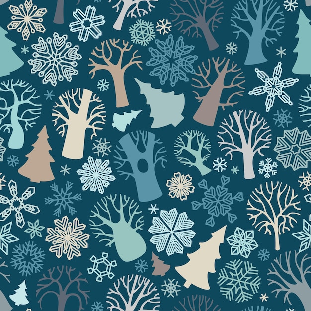 Jednolity wzór drzew i płatków śniegu na ciemnoniebieskim tle