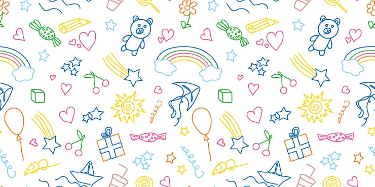 Wektor jednolity wzór elementów children039s kolorowe zabawne rysunki dla dzieci doodle edukacyjny film animowany tła