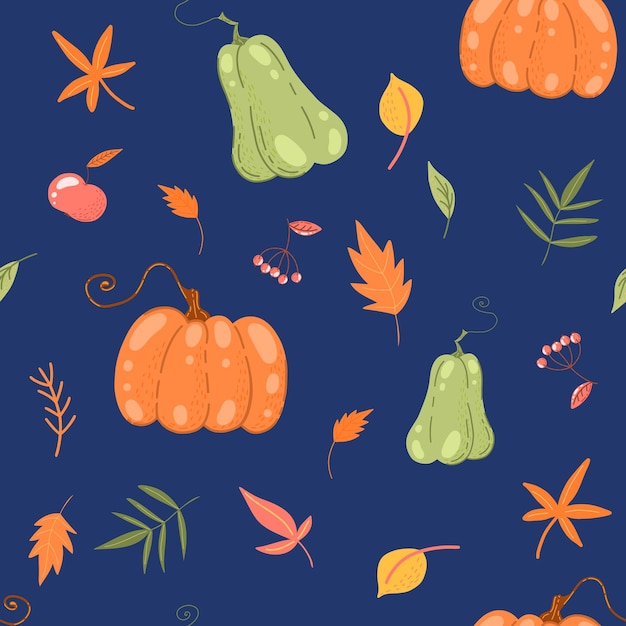 Jednolity wzór jesiennych liści dyni i jabłka na ciemnoniebieskim tle