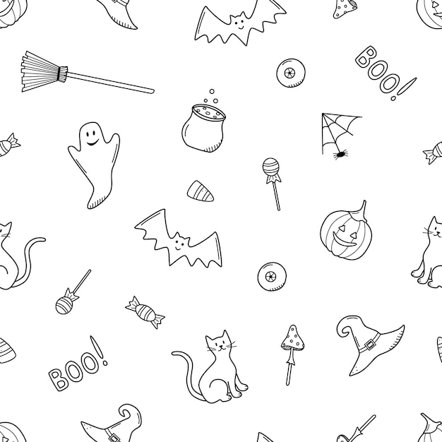 Jednolity wzór kreskówka zestaw ikon Halloween wektor doodle ilustracja elementy wakacje dzień zmarłych