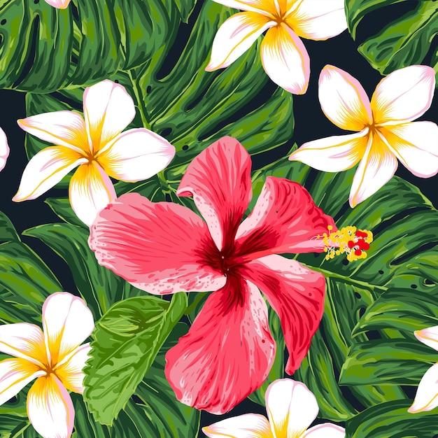 Jednolity wzór kwiaty hibiskusa i frangipani monstera zielony liść tło