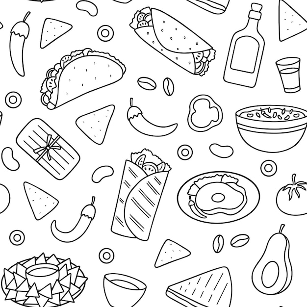 Jednolity Wzór Meksykańskiego Jedzenia Doodle Zestaw Kuchni Meksykańskiej Burrito Taco Nachos W Styl Szkic Ręcznie Rysowane Wektor Ilustracja Na Białym Tle