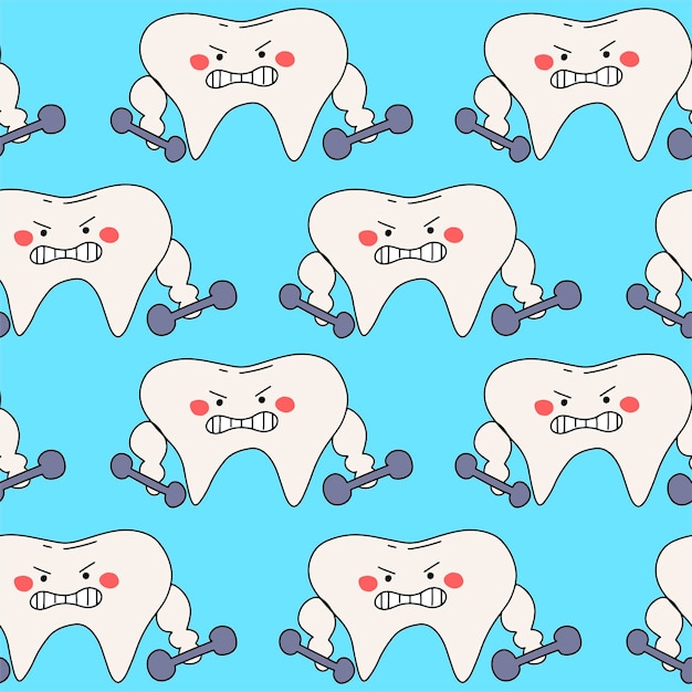 Plik wektorowy jednolity wzór napompowanego zęba z hantlami koncepcja reklamy gabinetu medycznego stomatologia projekt wydruku do reklamy w mediach społecznościowych tapeta tekstylna papier do pakowania plakat