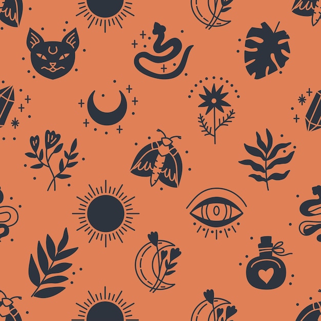 Jednolity wzór obiektów mistycznych i astrologicznych w stylu boho