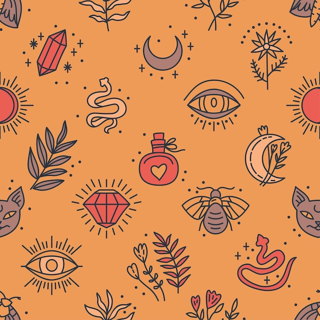 Jednolity wzór obiektów mistycznych i astrologicznych w stylu boho