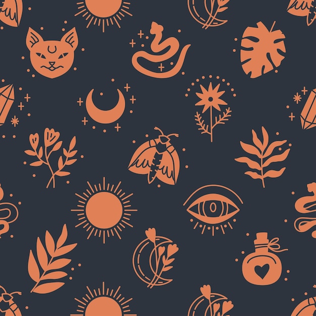 Jednolity wzór obiektów mistycznych i astrologicznych w stylu boho