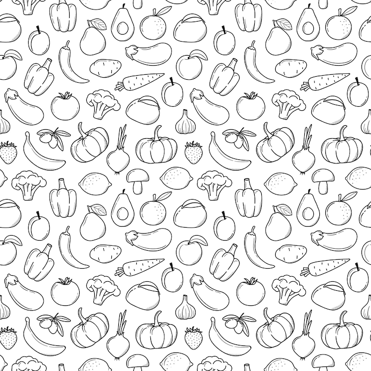 Wektor jednolity wzór owoce warzywa w monochromatycznym wzorze w stylu doodle