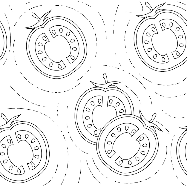 Jednolity Wzór Plastry Pomidora Z Liśćmi Płaski Wektor Zarys Ilustracji Na Białym Tle