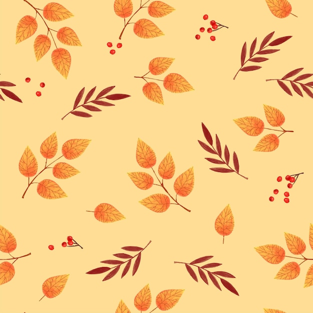 Jednolity wzór pomarańczowo-czerwonych i żółtych jesiennych liści na żółtym tle Wzór do projektowania i dekoracji tekstyliów