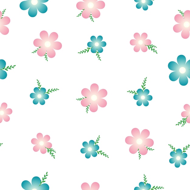 Jednolity wzór różowych i niebieskich kwiatów na białym tle