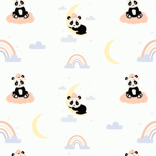 Jednolity wzór Śliczna panda śpiąca na księżycu i niedźwiadek na chmurze Kolekcja skandynawska dla dzieci