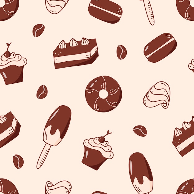 Jednolity wzór słodyczy i deserów Tło z elementami lodów ciastko pączki cukierków