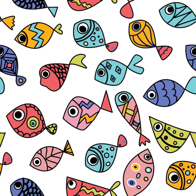 Jednolity Wzór Z Cute Ręcznie Rysować Ryby Linia Sztuki Doodle Ilustracja Z Jasnymi Egzotycznymi Rybami