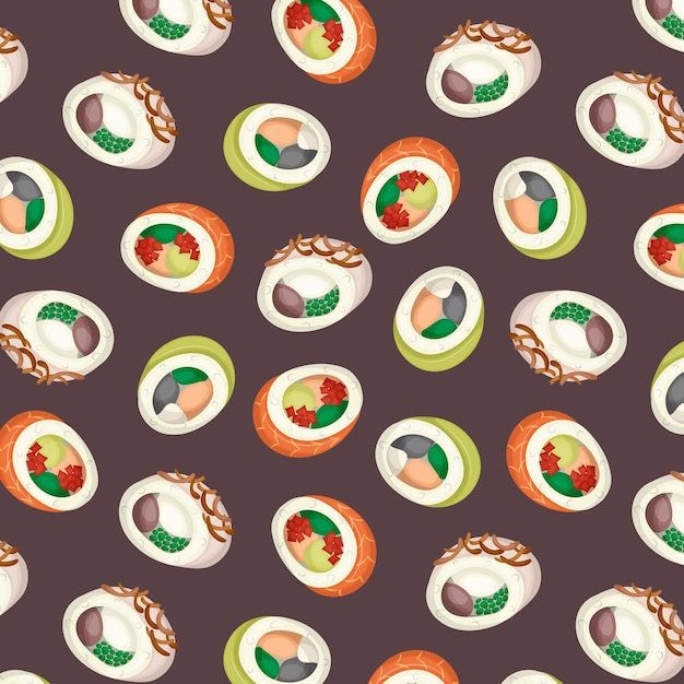 Jednolity wzór z japońskim sushi na ciemnym tle Tradycyjna kuchnia azjatycka Vector
