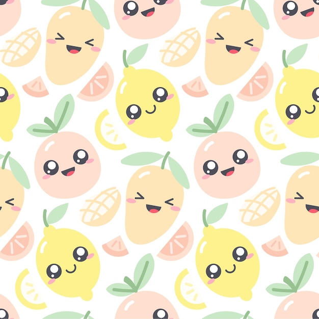 Jednolity Wzór Z Owocami Kawaii W Pastelowych Kolorach. Zabawna Ilustracja Z Uroczymi Postaciami Owoców Dla Ubrań Dla Dzieci. Rysowanie Mango; Cytryna I Grejpfrut