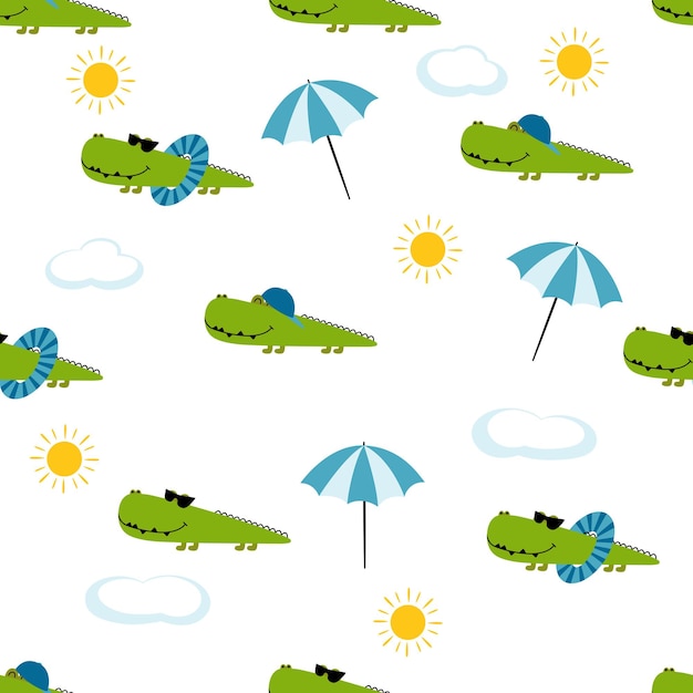 Jednolity wzór z zabawnymi krokodylami i palmss Dziecinne tło Wektor cute tła zwierząt