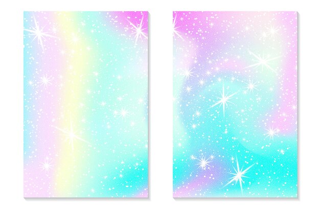 Jednorożec tęcza tło. Holograficzne niebo w pastelowym kolorze. Jasny hologram syrenka wzór w kolorach księżniczki. Ilustracja wektorowa. Jednorożec Fantasy kolorowe tęczowe tło gradientowe.
