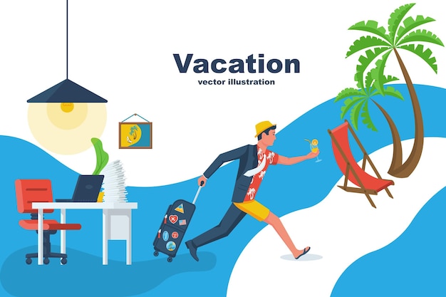 Plik wektorowy jedź na wakacje kierownik biegnie z biura na plażę, aby się zrelaksować