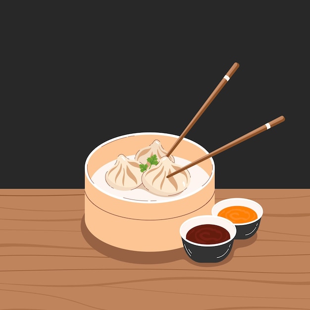 Plik wektorowy jedzenie azjatyckie xiao long bao gotowane na parze chińskie bułeczki w bambusowym koszu z sosami ilustracja wektora
