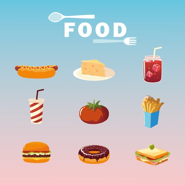 Jedzenie hot dog burger pomidor soda sandwich frytki ilustracja plakat