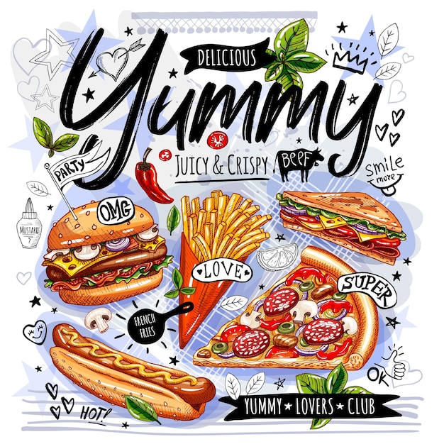 Plik wektorowy jedzenie plakat reklama zestaw fast foodów menu burger pizza kawałek bułka kanapkowa frytki z kurczaka hot dog grill grill