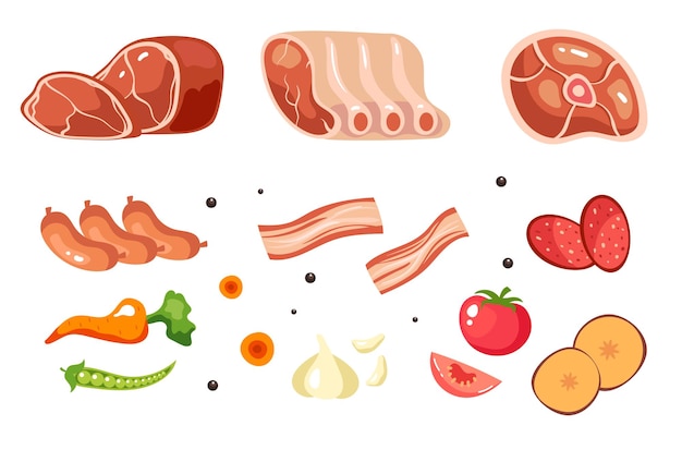 Plik wektorowy jedzenie stek bbq grill kurczak mięso pieczeń składniki na białym tle zestaw graficzny projekt ilustracji