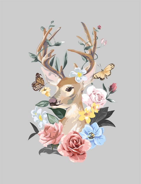 Plik wektorowy jelenie i motyle w kolorowych dzikich kwiatach bukiet ilustracja wektorowa