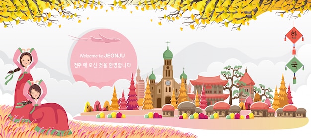 Jeonju To Charakterystyczne Obiekty Turystyczne Korei. Koreański Plakat Podróżny I Pocztówka. Witamy W Jeonju.