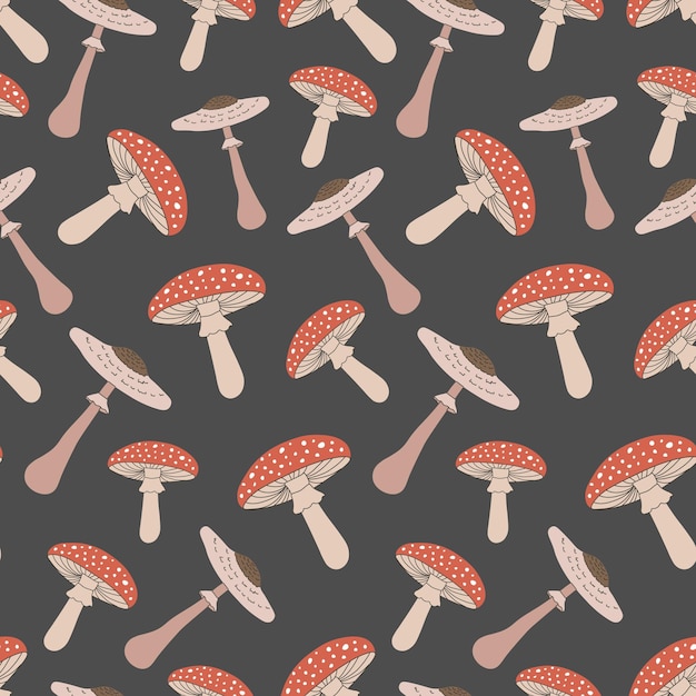 Jesień bezszwowy wzór z muchą agaric i grzyb parasol na ciemnym tle