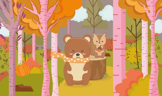 Jesień Ilustracja Słodki Niedźwiedź I Wiewiórka Zwierząt Lasu