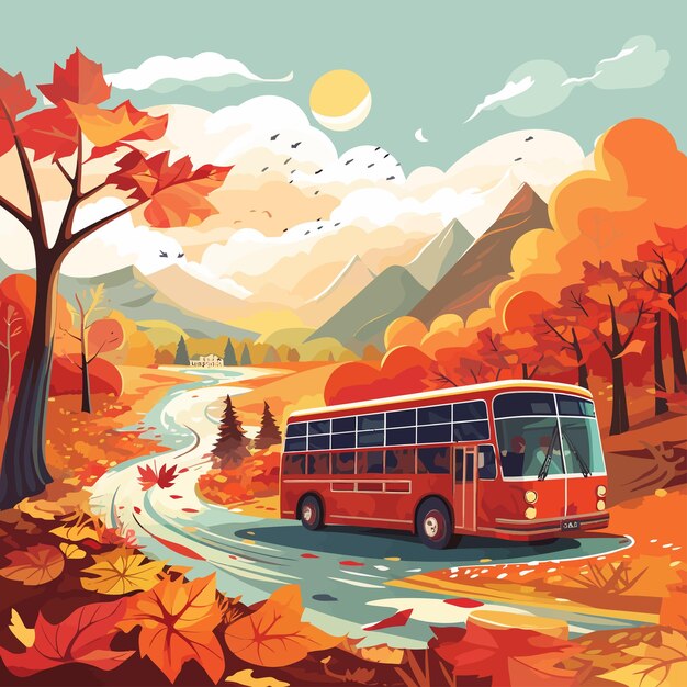 Plik wektorowy jesień_krajobraz_wycieczka_na_czerwonym_autobusie