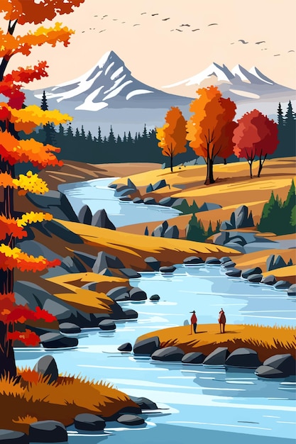 Plik wektorowy jesień w parku leśnym strumień rzeki opada liście kolor na tle gór akwarel