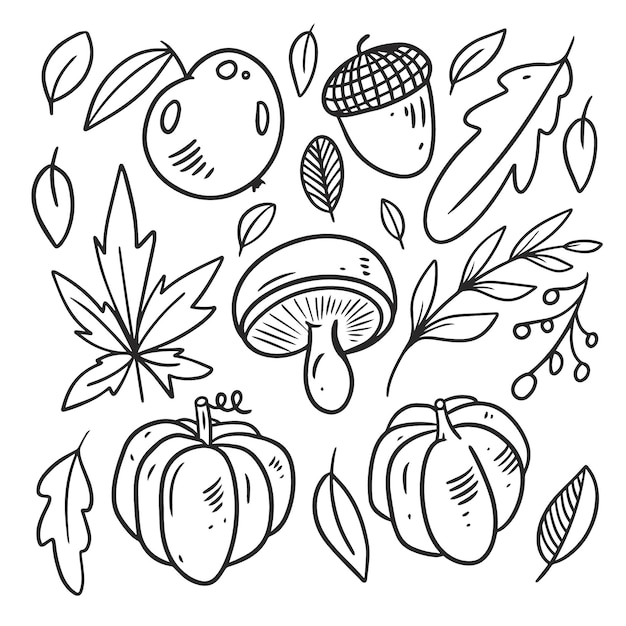 Jesień Zestaw Elementów żywności Kolor Czarny Grafika Liniowa Ręcznie Rysowane Szkic Doodle