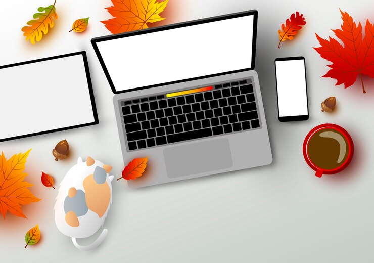 Wektor jesieni pojęcie workspace laptopu komputerowa cyfrowa pastylka