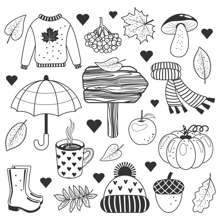 Wektor jesienna kolekcja monochromatyczna zestaw clipart z jesiennych liści dynia żołądź sweter kapelusz szalik filiżanka gorącej herbaty grzyby i inne symbole upadku pojedyncze obiekty ilustracja wektorowa zarys