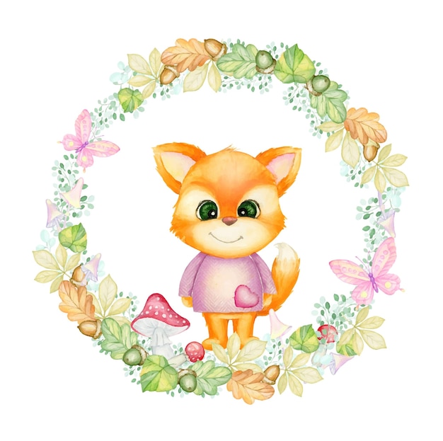 Jesienna ramka akwareli The Little Fox Jesienne liście jagody żołędzie grzyby Koncepcja akwareli