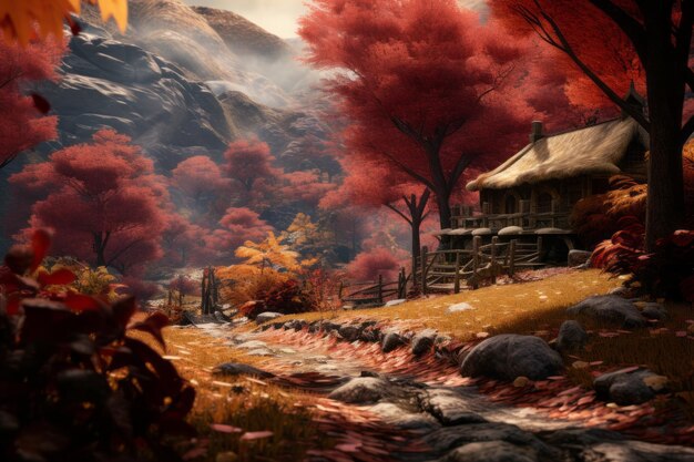 Plik wektorowy jesienna scena z drzewami, skałami i domem w tle