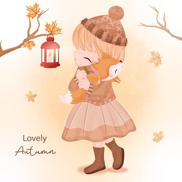 Jesienna Seria Mała Dziewczynka Ilustracja