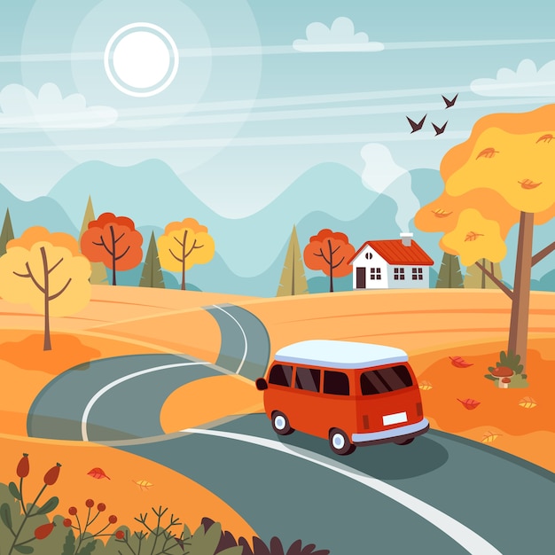 Plik wektorowy jesienna wycieczka. krajobraz z uroczą furgonetką na drodze