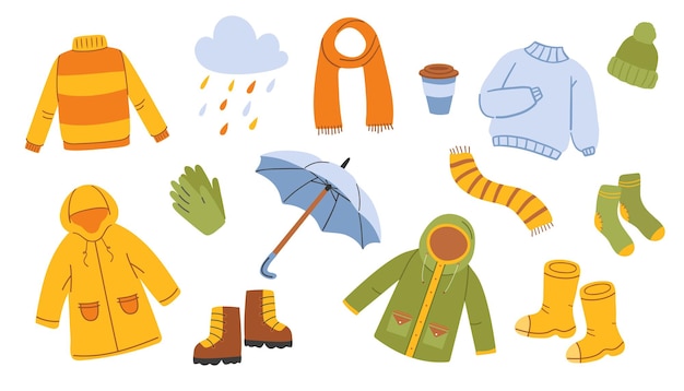 Jesienne ubrania Ilustracja wektorowa zestawu żółtych butów z płaszczem przeciwdeszczowym szalik i parasol