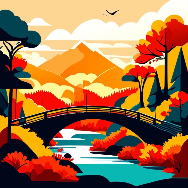 Jesienny Krajobraz Z Ilustracją Wektorową W Stylu Mostu I Rzeki