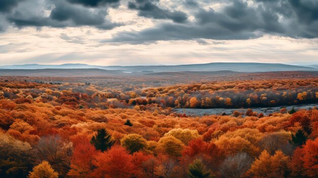 Plik wektorowy jesienny krajobraz z kolorowymi drzewami i burzliwym niebem
