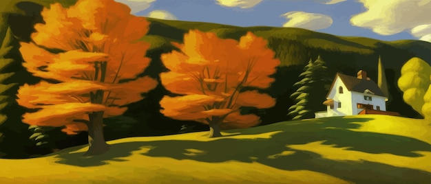 Plik wektorowy jesienny krajobraz z polami domowymi i wzgórzem z żółtymi drzewami i górami w tle