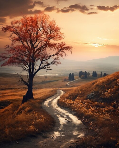Plik wektorowy jesienny krajobraz z samotnym drzewem pośrodku pola