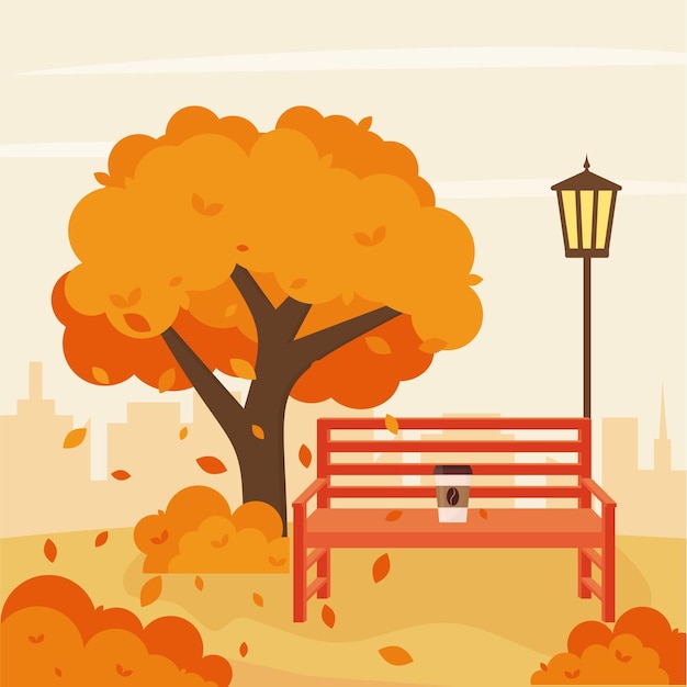Jesienny Park Miejski Z ławką I Lampą Uliczną Ilustracja Wektorowa Płaskiego Stylu