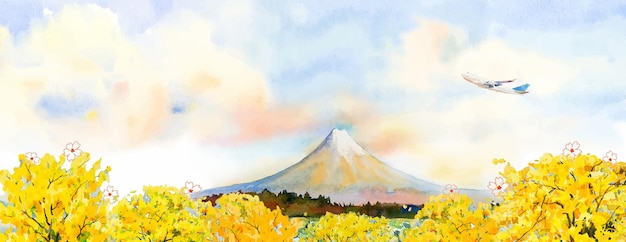 Jesienny sezon podróży Mount Fuji i zmiana koloru liści w Japonii Ilustracja wektorowa farby akwarelowej